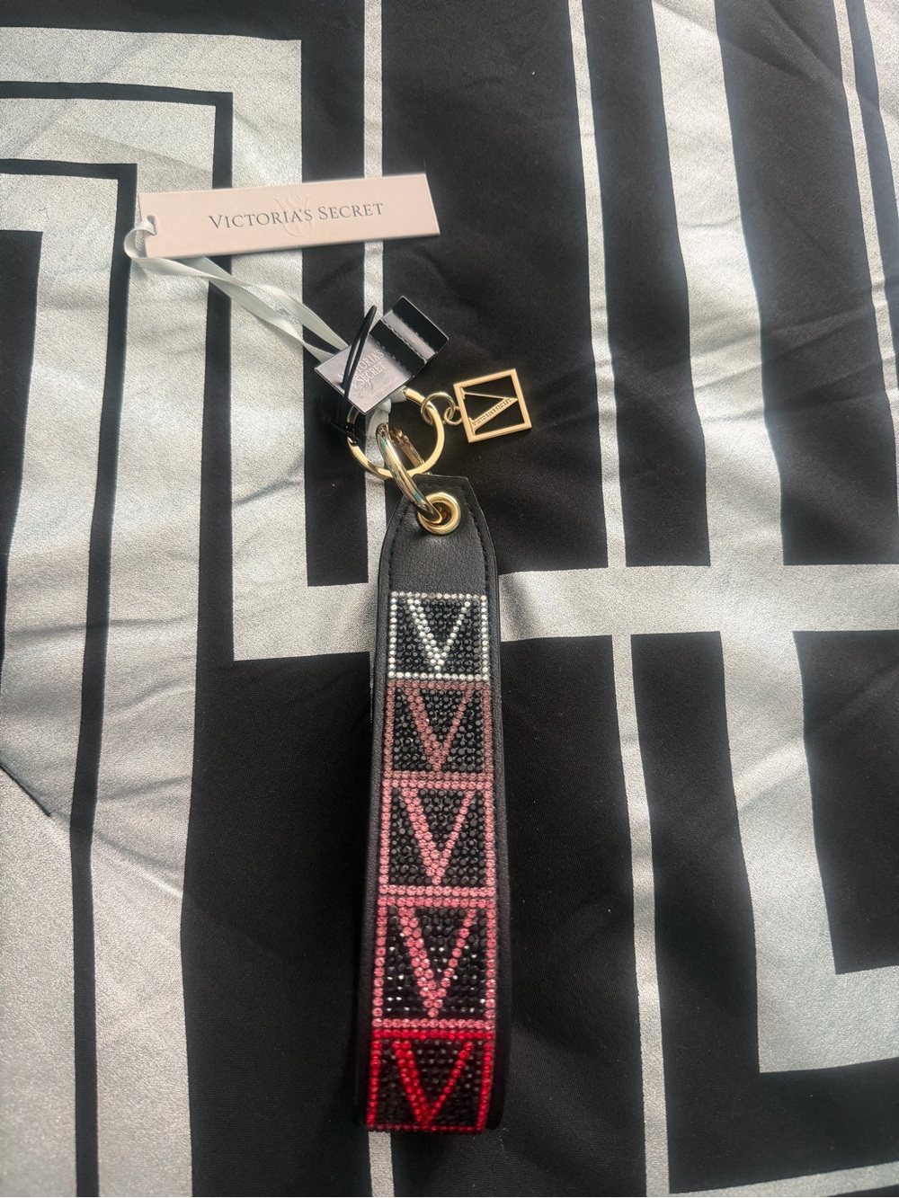 Victoria's Secret Black Wristlet Keychain with Pink and Red Crystal V Accents